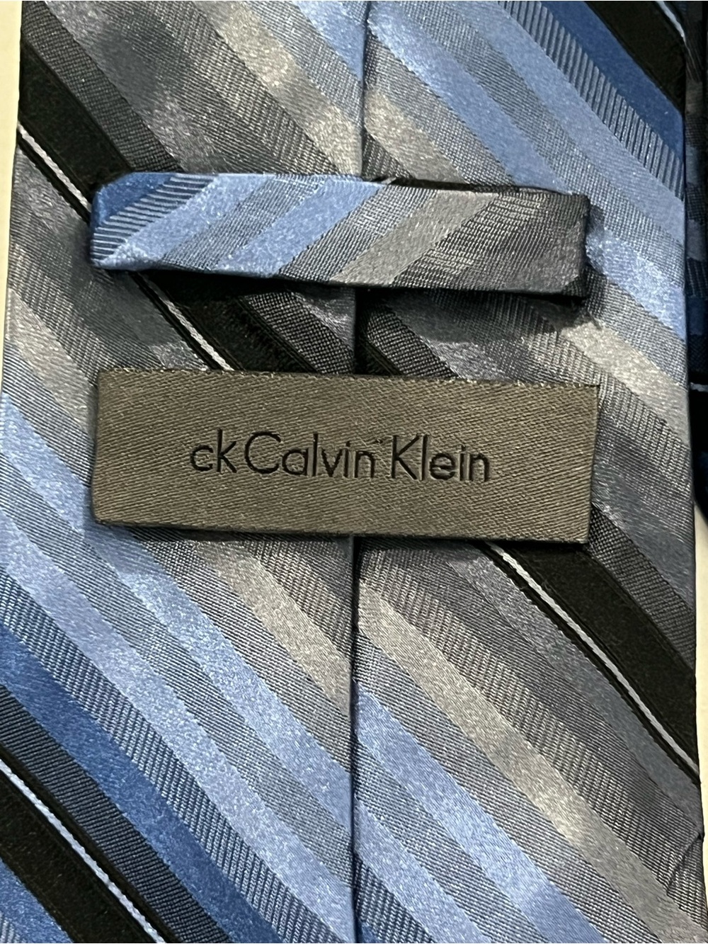 Calvin Klein Blue and Gray Striped Silk Tie